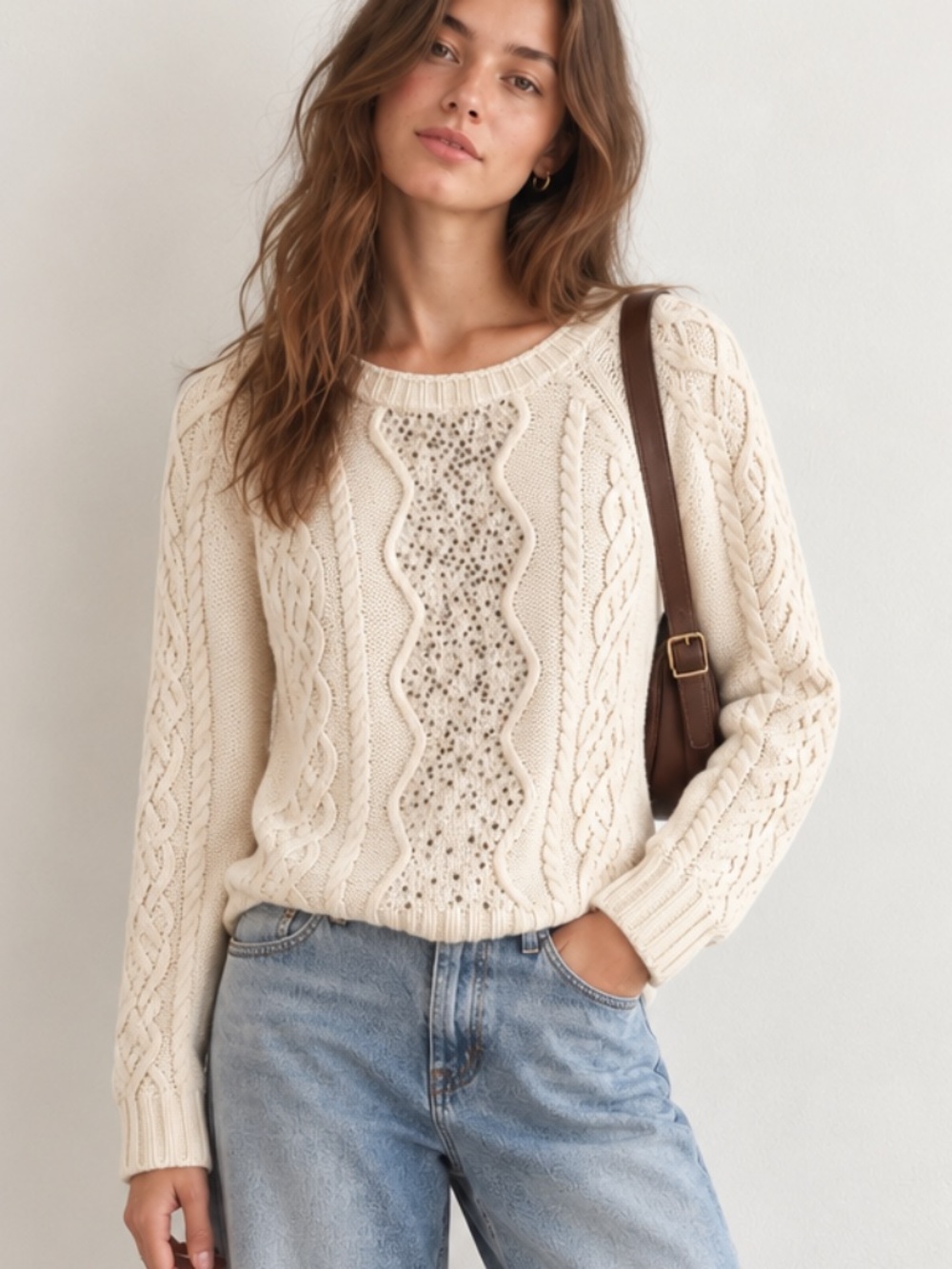 J.Crew Beaded Cable Knit Sweater Cream Merino Blend S